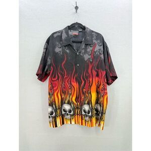 Vintage Y2K C-Two Mens Multicolor Flames Skulls Short Sleeve Button Up Shirt Siz